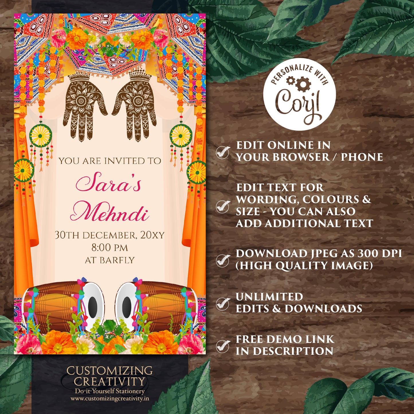 Dholki invitations Mendhi Night invite, Mehendi invitation & Digital Mehndi invite, Mehndi invitations Digital Dholki invite as Mehndi cards