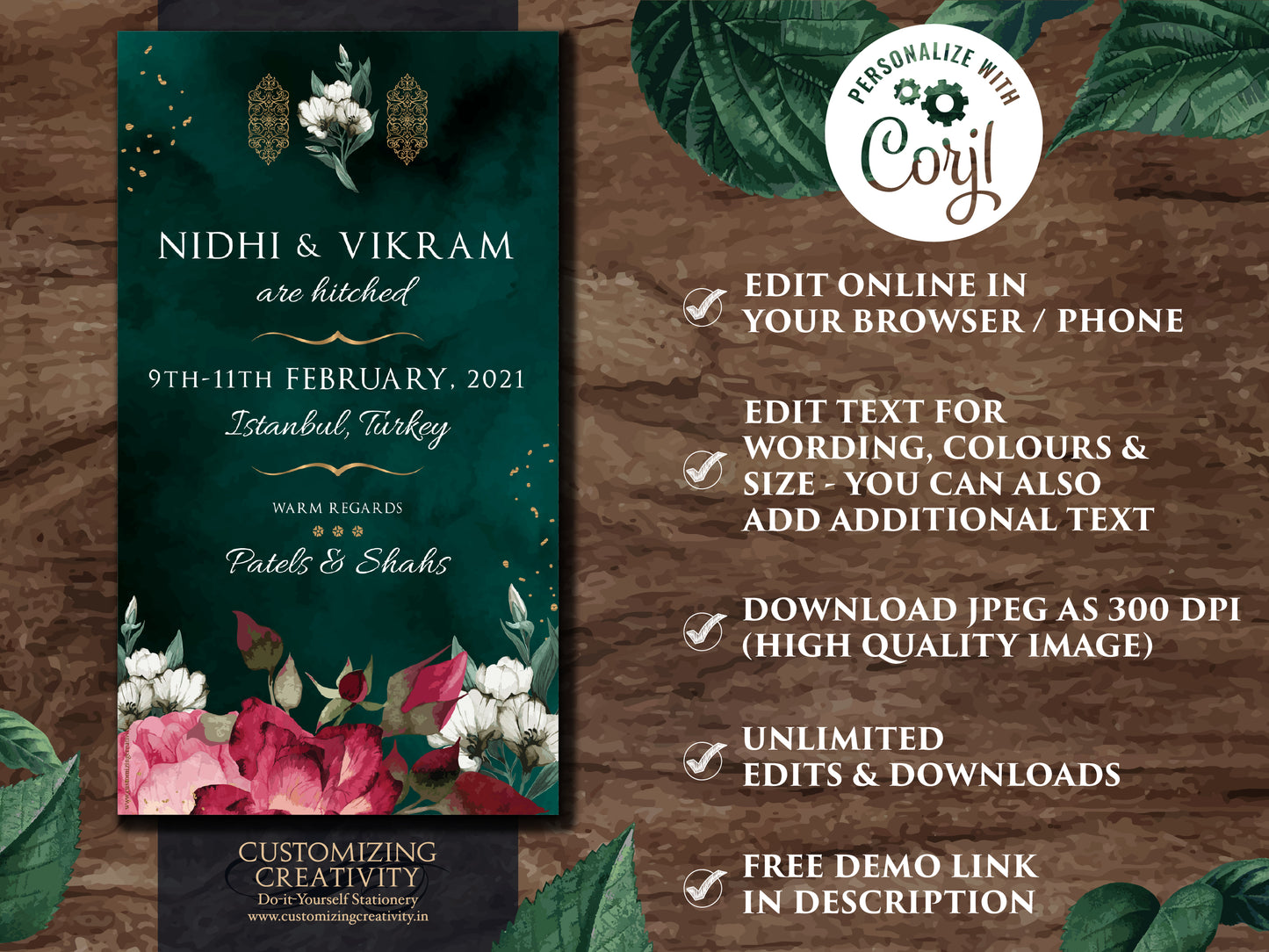 Emerald Green Save the date digital download, Emerald Save the Date Indian as Jewel tone Save the Date electronic, Hindu Save the Date DIY