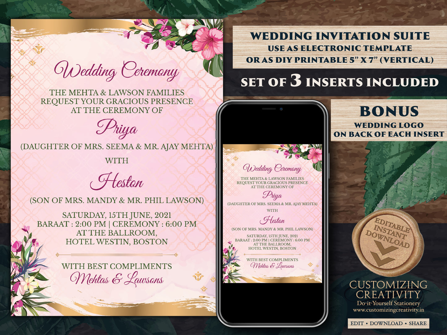 Summer Wedding Invite as Indian Wedding invitations Hindu, Indian Invites Tropical Wedding, Beach Wedding invitations & Spring Wedding cards