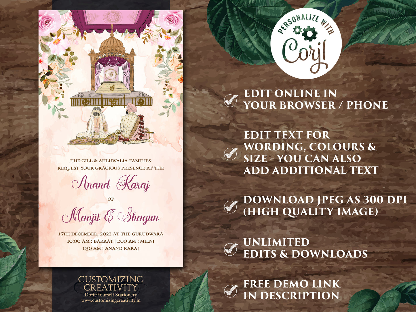 Anand Karaj invites & Sikh invites, Punjabi invitations as Punjabi Wedding card, Sikh invitation, Sikh Wedding cards as Sikh wedding invites
