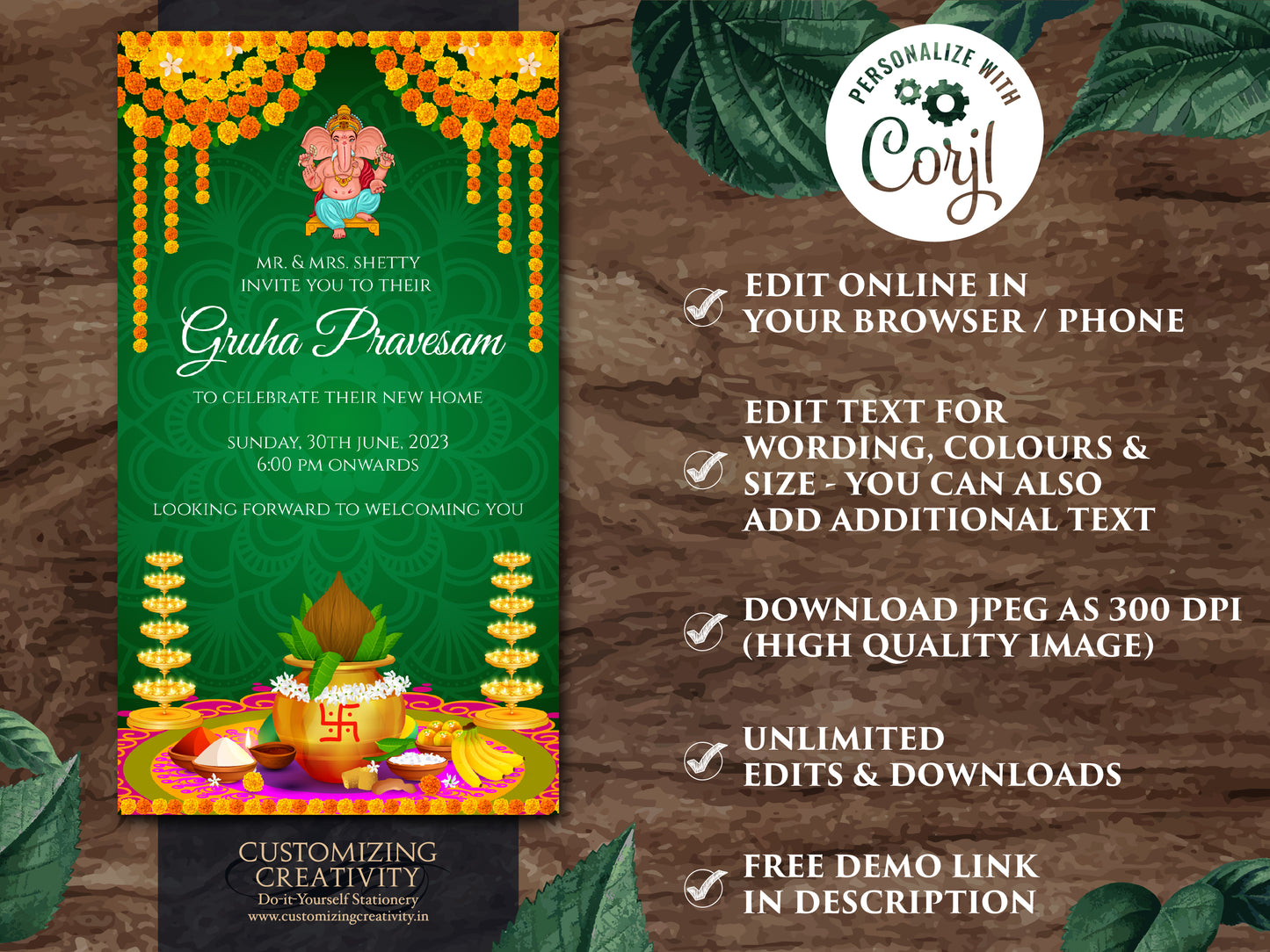 Griha pravesh invite as House warming invite, Gruhapravesam invitation & Indian Housewarming invitation, Pooja invite as Gruhapravesh invite
