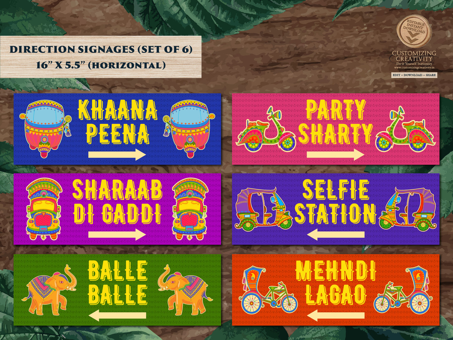 Colorful Mehndi Signs as Quirky Welcome Signages Indian, Fun Direction Signs & Indian Wedding signs Truck art, Desi wedding decor Punjabi