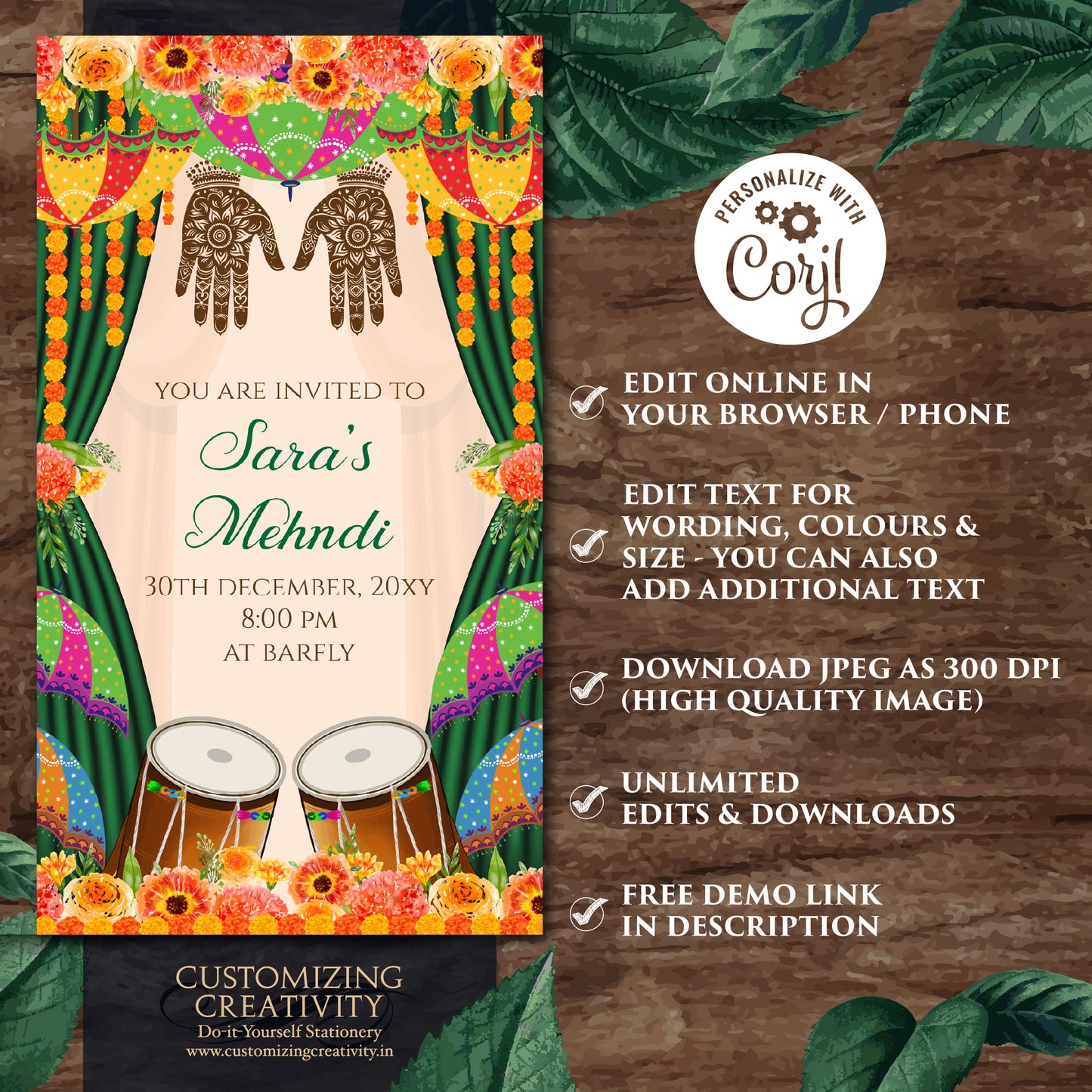 Digital Dholki invite Mehndi invitations, Mehendi invitation & Digital Mehndi invite, Mendhi Night invite as Dholki invitations Mehndi cards