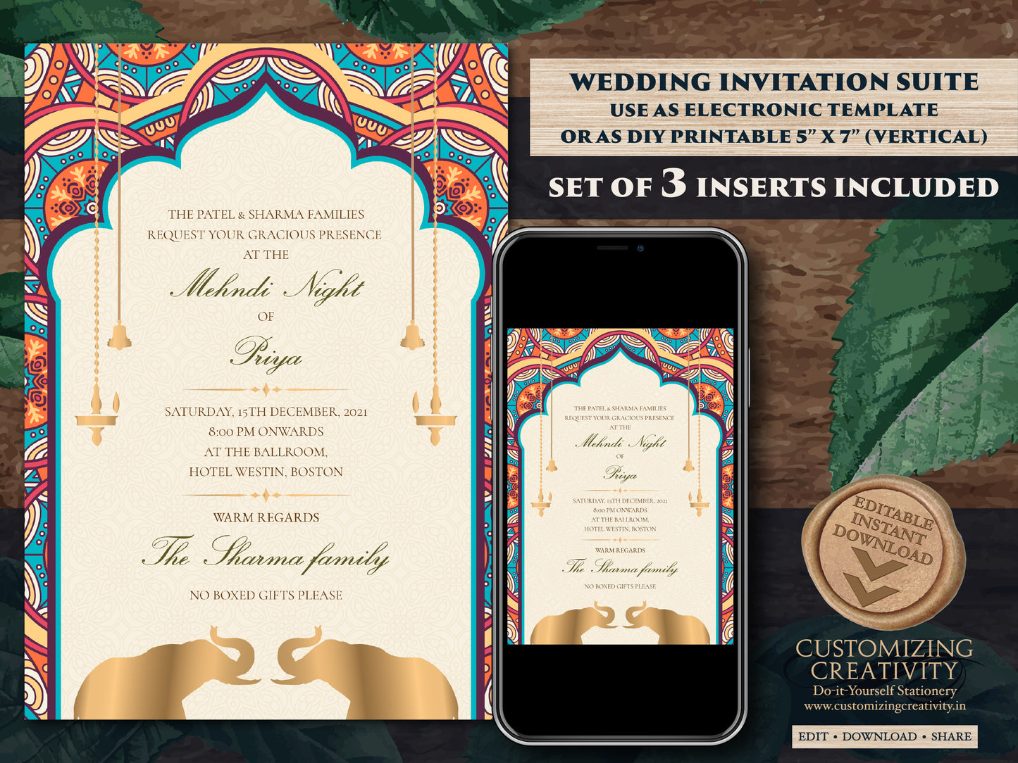 Elephant invitations Mandala as Indian invites Elephant, Indian Wedding cards as Elephant Wedding Invite Mandala, Invites Indian Elephants