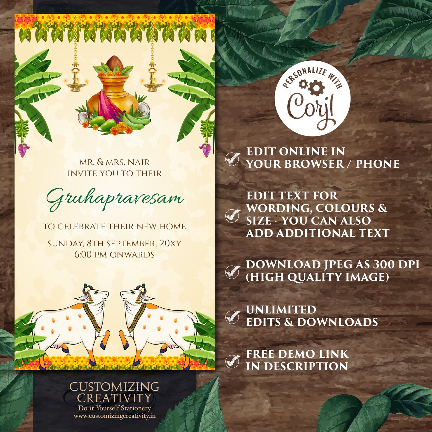 Gruhapravesham invite Digital Indian Housewarming invitation, Grihapravesh invite as Tamil Housewarming invite Telugu, Gruhapravesam invite