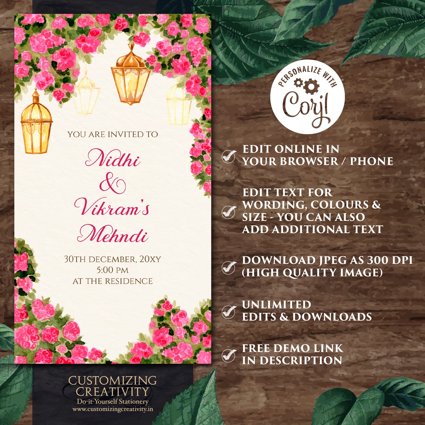 Mehendi invitation & Digital Mehndi invite, Dholki invitations Mendhi Night invite, Mehndi invitations Digital Dholki invite as Mehndi cards