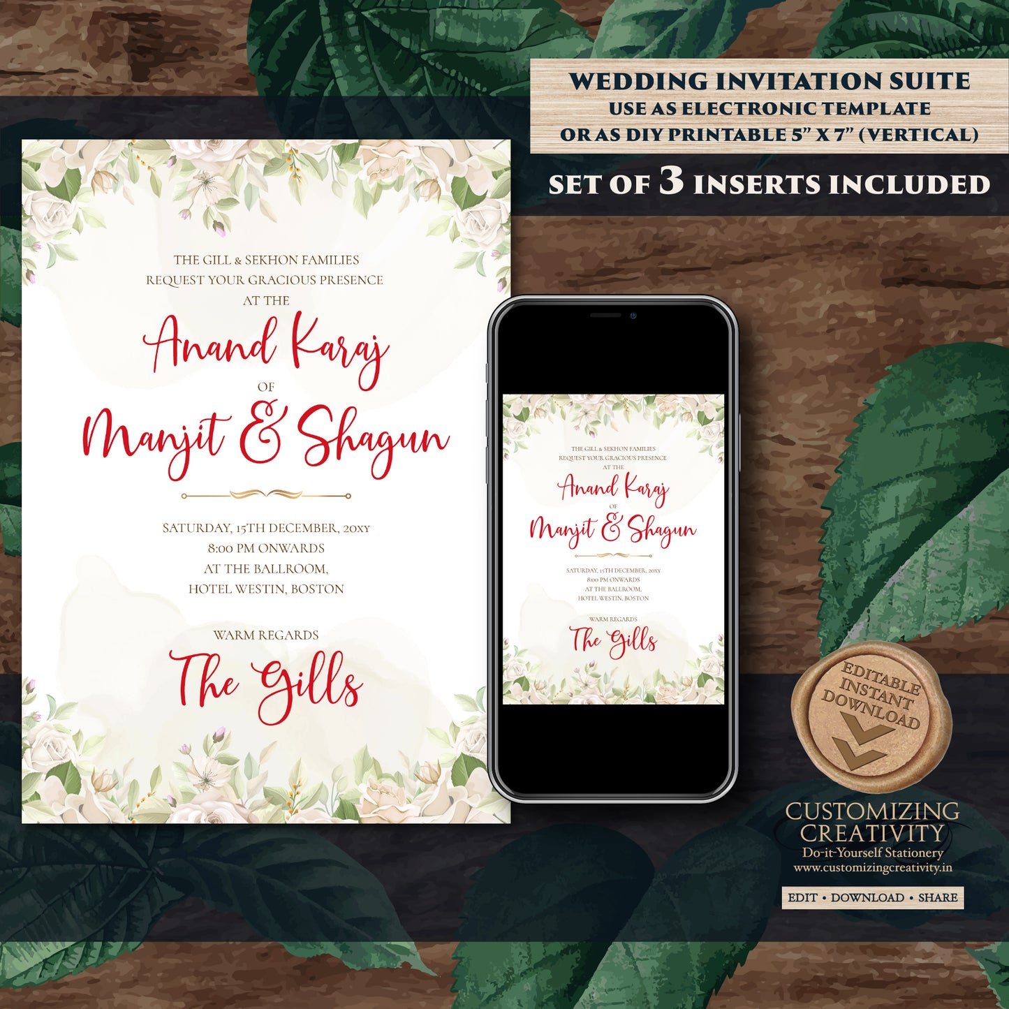 Digital Punjabi wedding invitation Sikh Shaadi card, Punjabi Wedding card & Sikh Wedding invitation, Indian wedding Anand Karaj invitation