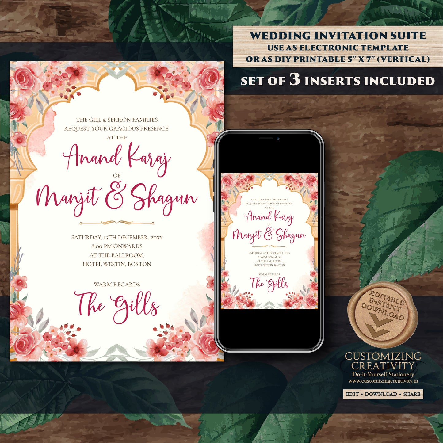 Digital Sikh Shaadi card Punjabi wedding invitation, Punjabi Wedding card & Sikh Wedding invitation, Indian wedding Anand Karaj invitation