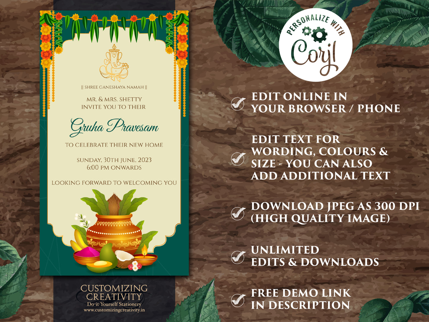 Gruha Pravesh invite as Pooja invitation, Gruha Pravesam invite & Grihapravesh invite, Indian Housewarming invitation as Housewarming invite