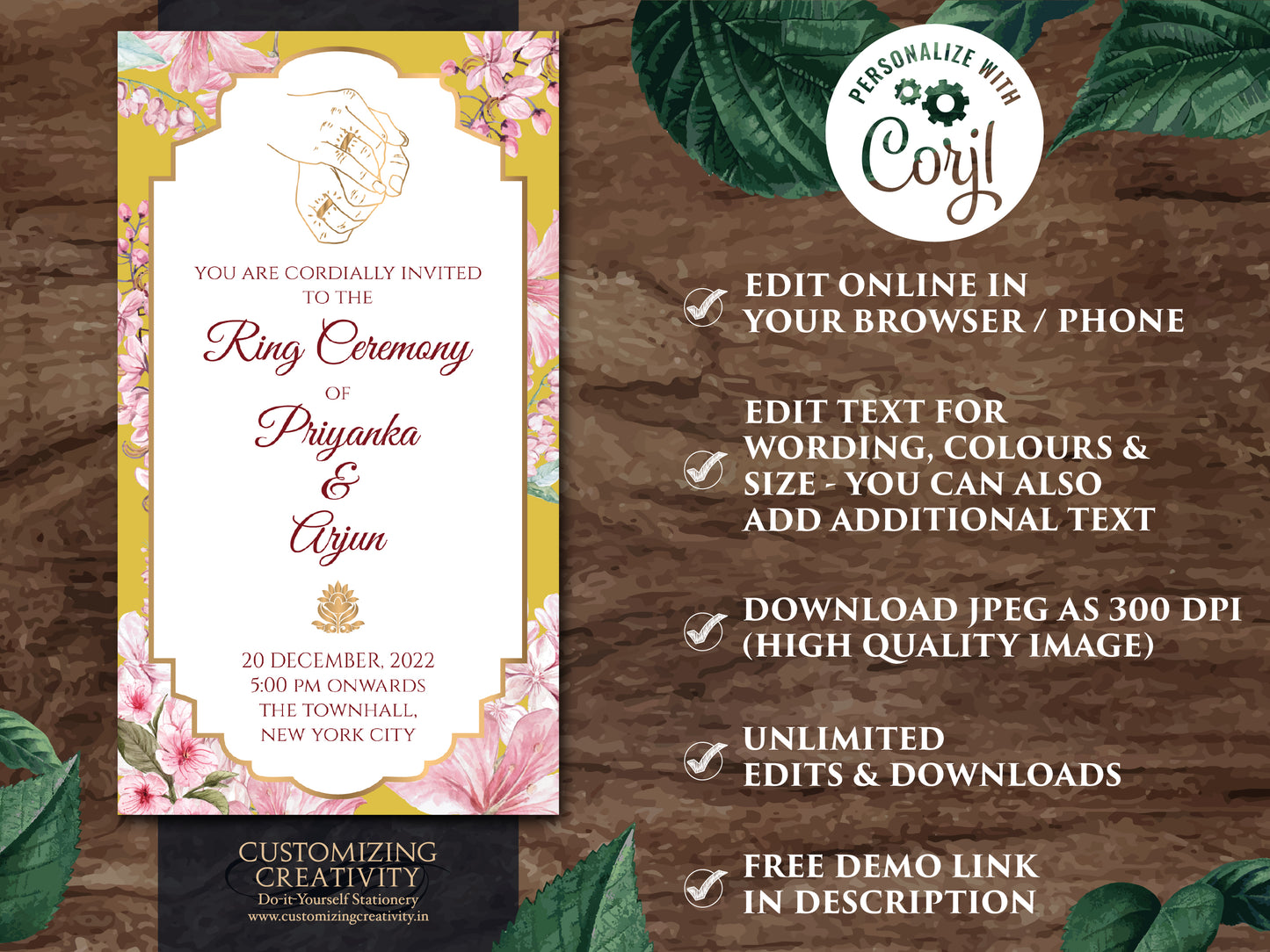 Floral Ring Ceremony Digital invite & Engagement invite template, WhatsApp Ring Ceremony card Digital as Summer Engagement invite Electronic