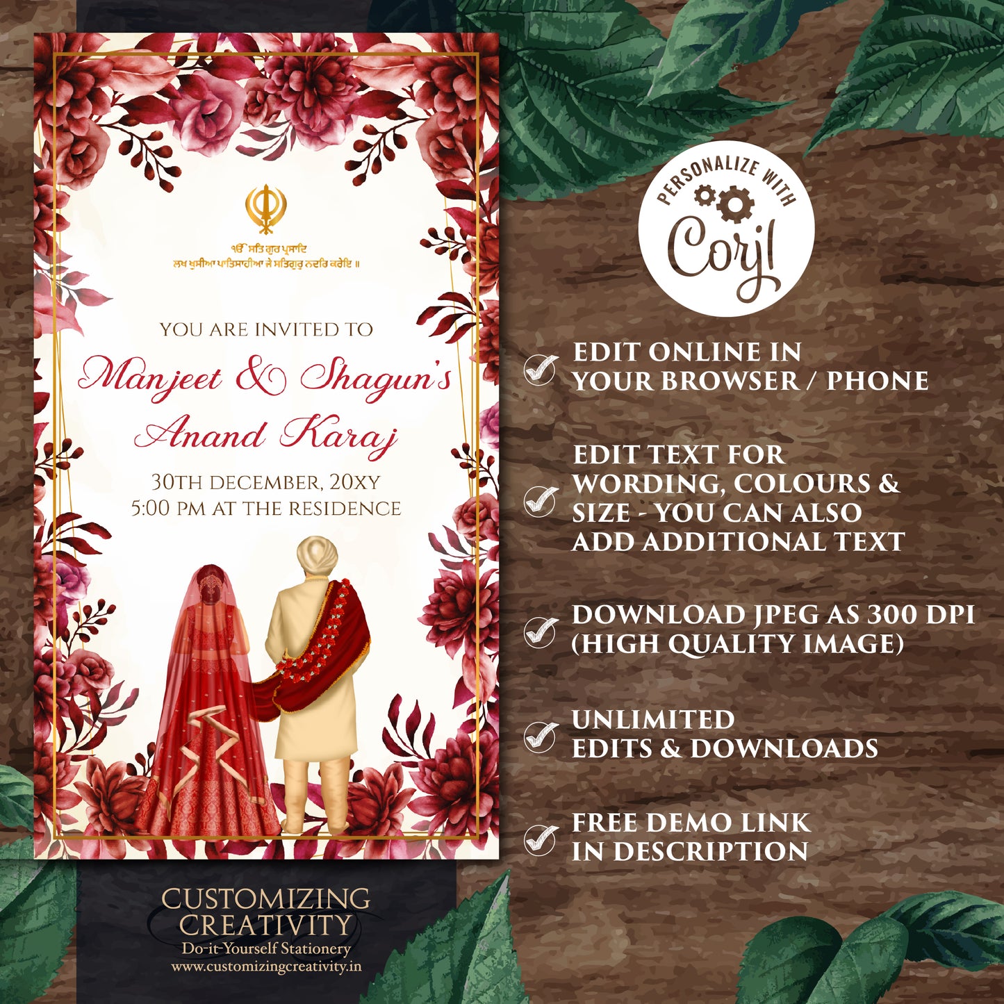 Anand Karaj invitations Digital Sikh Wedding cards, Digital Anand Karaj invitation Sikh invites, Sikh wedding invites as Punjabi invitations