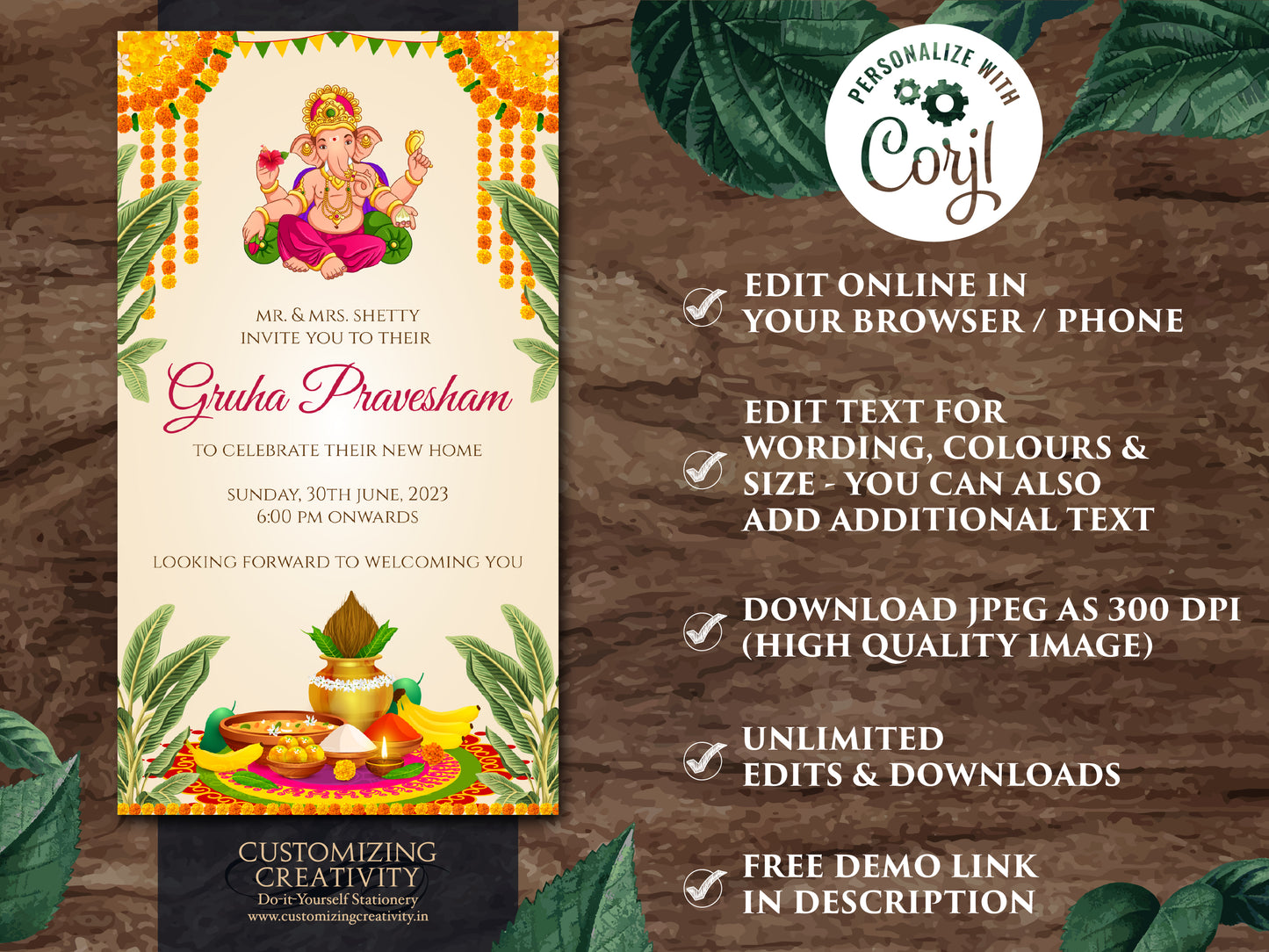 Gruhapravesham invitation & Grihapravesh invite, Indian Housewarming invitation as Indian Pooja invite, Gruhapravesam invite Puja invitation