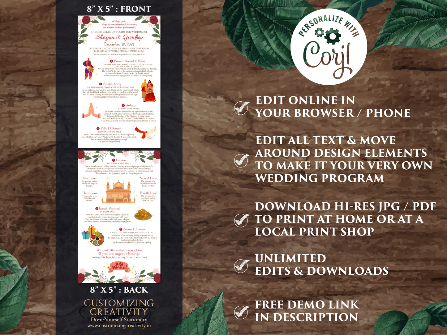 Sikh Wedding guide templates, Sikh ceremony infographics & Sikh ceremony program guide, Punjabi Wedding guide Indian as Anand Karaj programs
