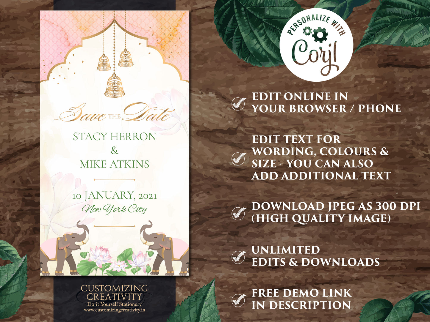 Elephant Save the date Invite & Electronic Save the date Indian, Pastel Save the date Invitation Elephant as Save the Date WhatsApp invite