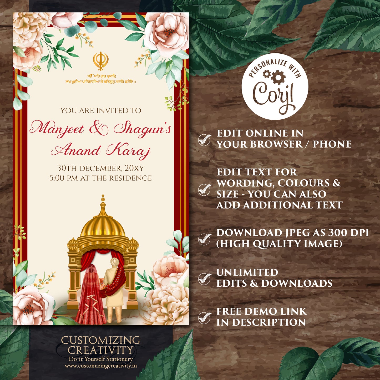 Digital Anand Karaj invitation Sikh invites, Anand Karaj invitations Digital Sikh Wedding cards, Sikh wedding invites as Punjabi invitations