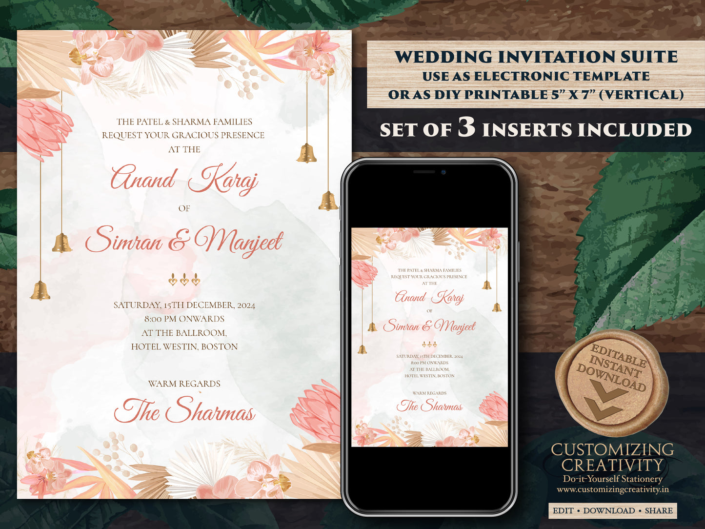 Sikh wedding card as Anand Karaj invitation, Sikh Wedding Invite Indian as Punjabi Wedding invite, Sikh invitations as Punjabi wedding card