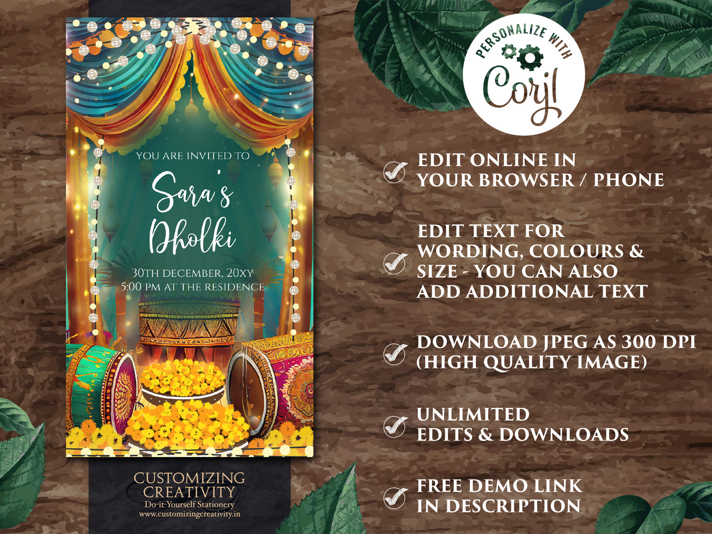 Muslim Dholki invitations & Mehndi invites, Digital Dholki invites Mehndi invitation, Mehendi invite as Digital Pakistani wedding invitation