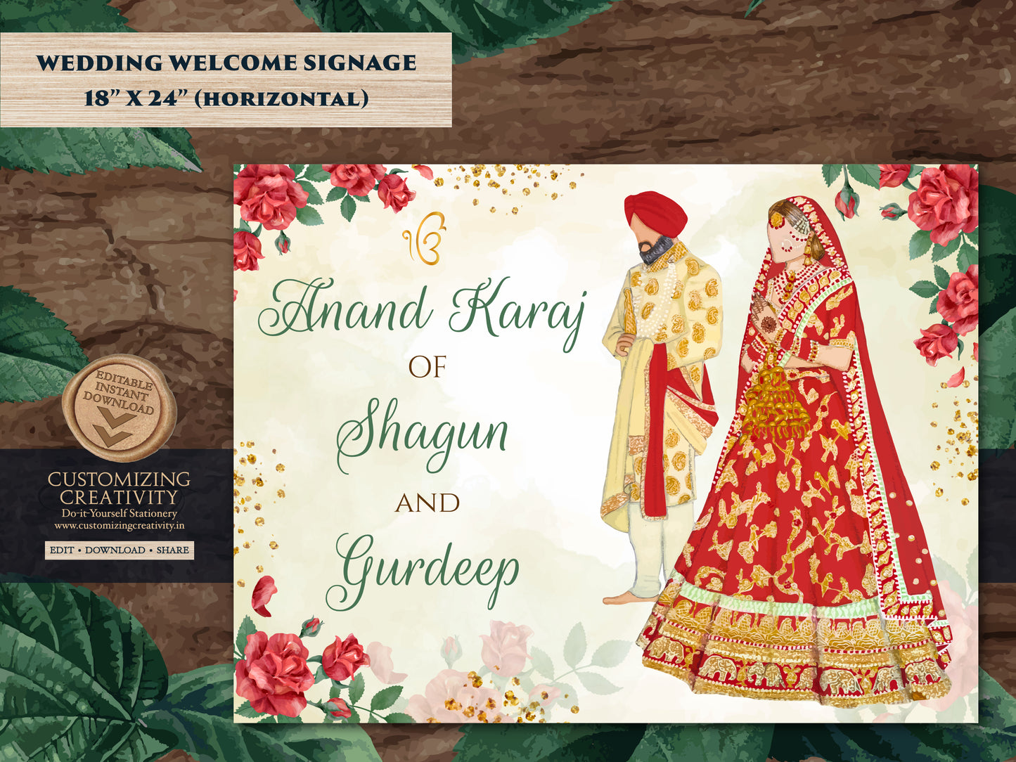 Sikh Welcome Wedding Sign Anand Karaj as Anand Karaj Welcome Sign, Sikh Wedding signs & Sikh Wedding Welcome Sign, Punjabi Welcome sign Sikh