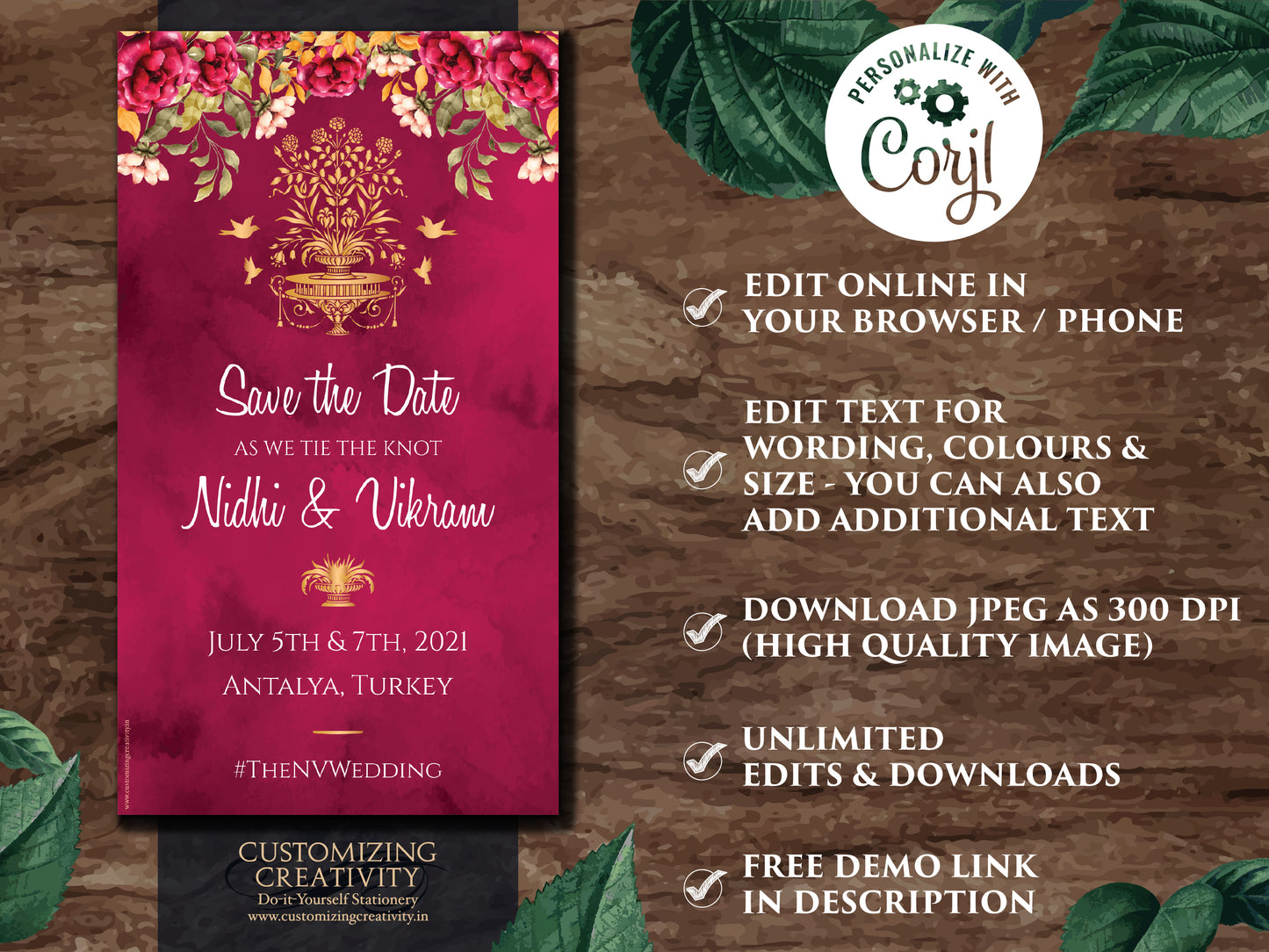 Save the date editable template digital download for your Royal Indian Wedding Invitation in Maroon with flowers, Birds & Gold Indian Motif