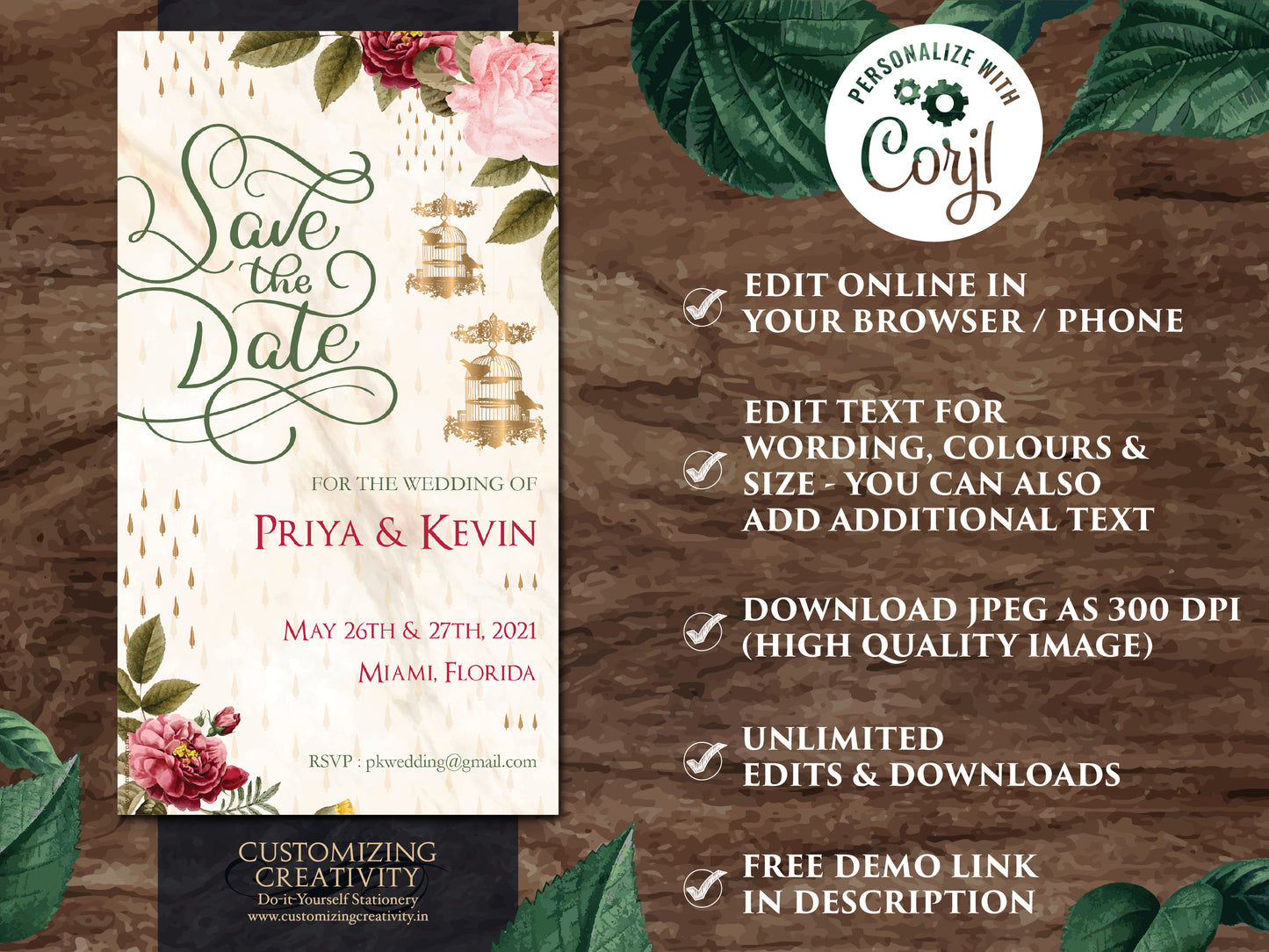 Red & Pink Floral Save the date editable template instant download, for your Indian Wedding Invitation with Red Flowers, Golden bird cages