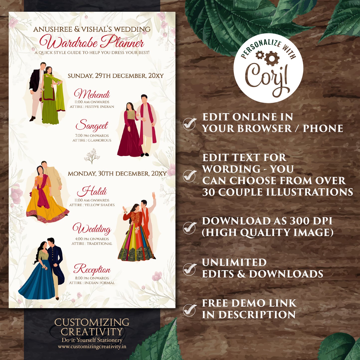 Hindu Wedding Wardrobe Planner Indian Wedding Program, Hindu Wedding Program & Indian wedding itinerary as Digital Indian wedding Timeline