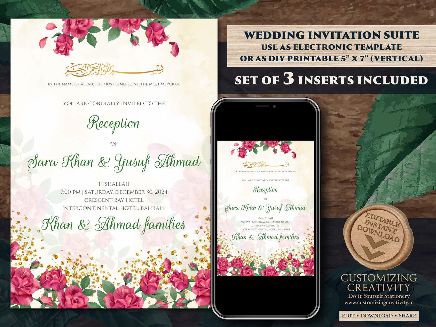 Digital Islamic Walima card Muslim Invitations, Nikkah invite Arabic Invitation & Digital Nikkah cards, Muslim wedding cards as Shaadi cards