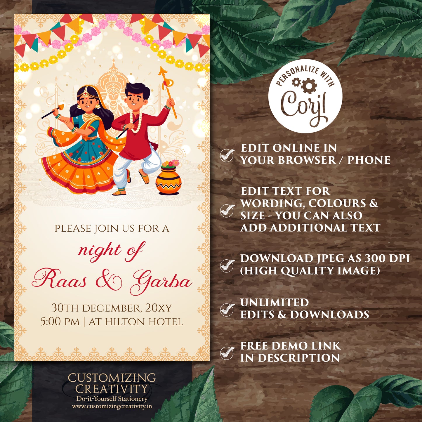 Raas Garba night invites Digital Dandiya invitation, Digital Raas Garba invitations Digital Navratri invites, Wedding Dandiya night invite