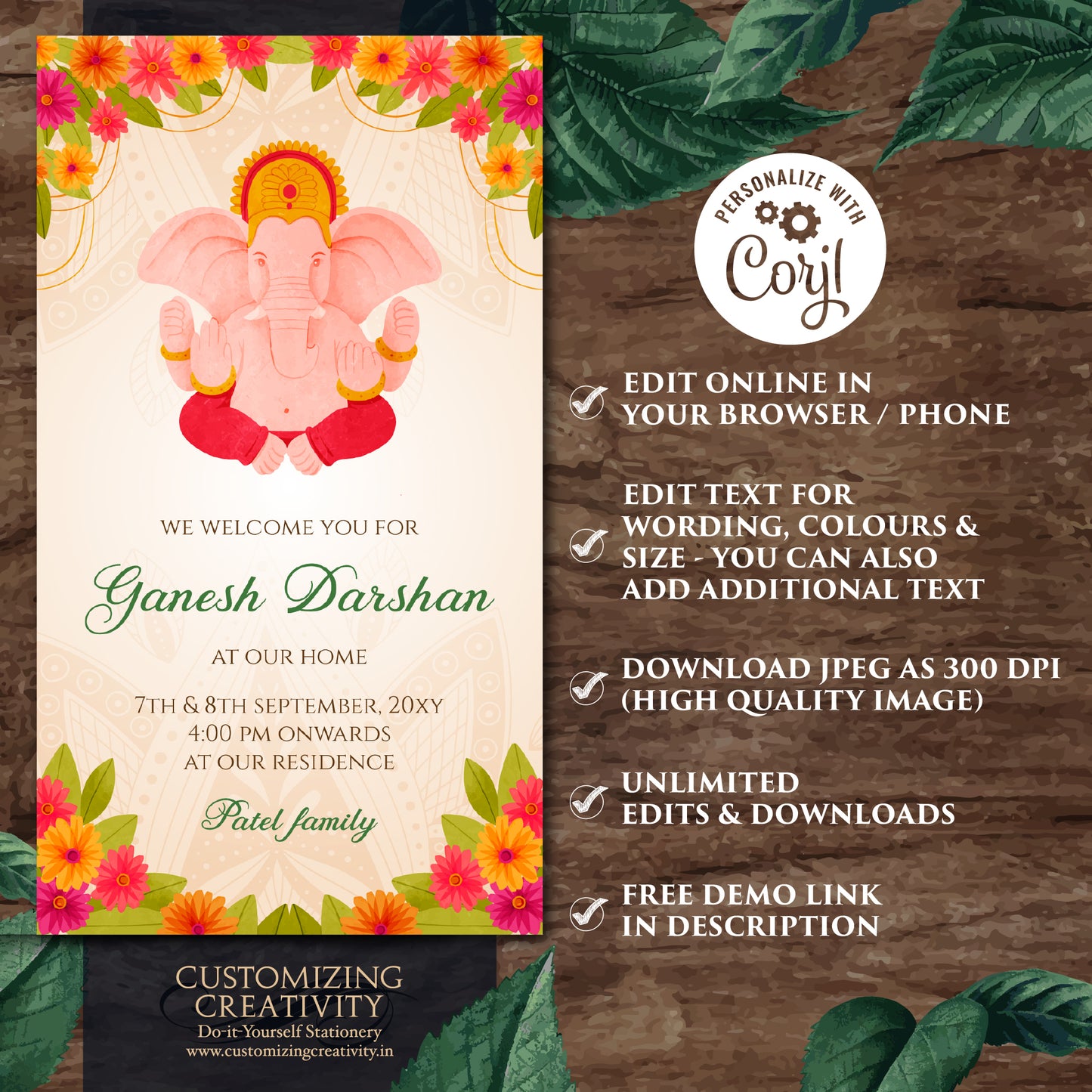 Ganesh Chaturthi invitations Ganpati invites, Ganesh Darshan card as Ganesha invitations, Ganpati darshan invitations & Ganesh puja cards