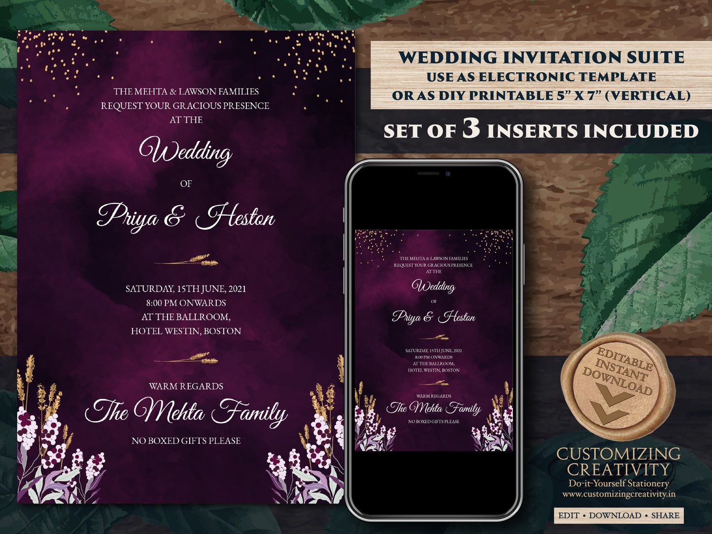 Jewel Tone Wedding Invitation Download for Fall Wedding Invitation, Fall Invitation Suite in Navy, Emerald & Deep Purple Wedding Invite Fall