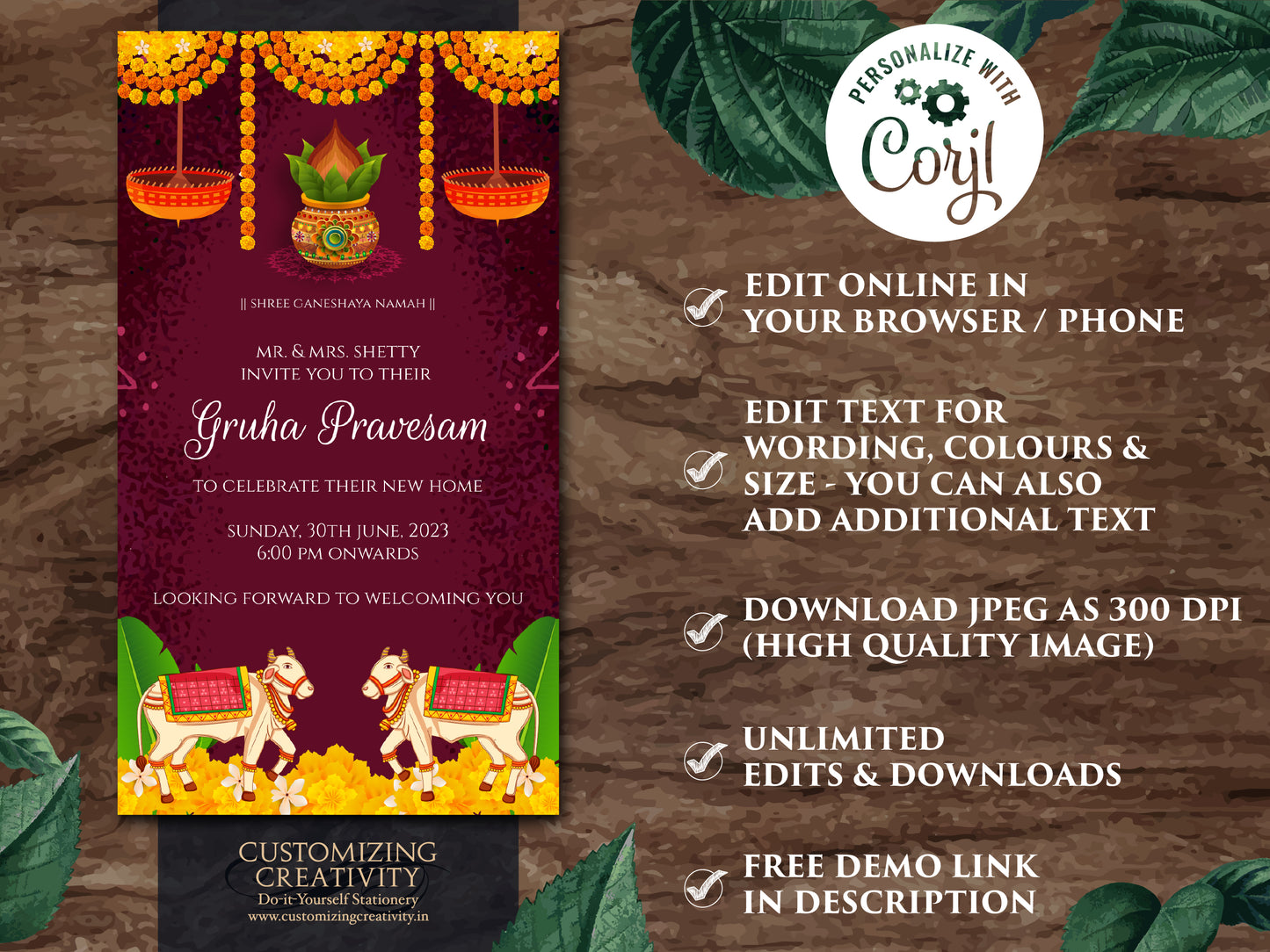 Pooja invite as Gruha pravesh invite, Griha pravesh invite as Housewarming invite, Gruhapravesam invitation & Indian Housewarming invitation