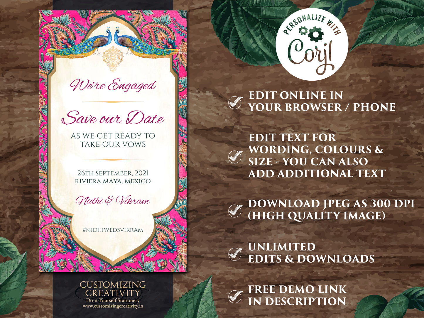 Save the date template digital download for your Boho Indian Theme Wedding Invitation Card with Peacocks, Paisleys & flowers in Fuchsia pink