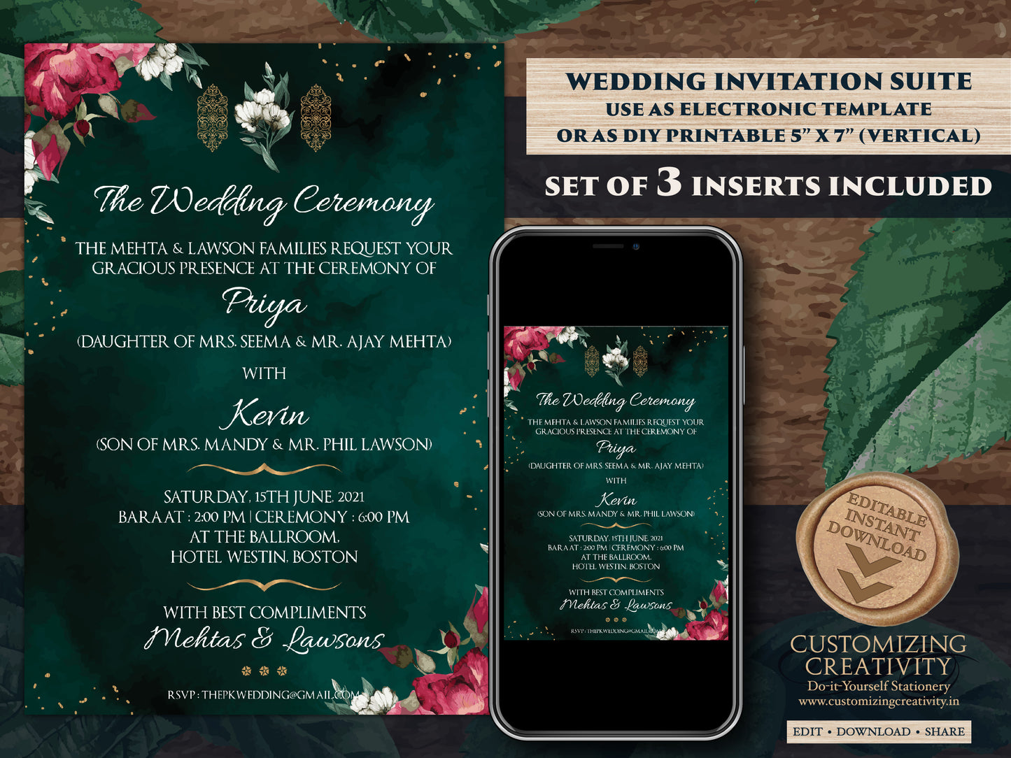Emerald Green Wedding Invitation Card with Burgundy & Gold Invitation for a Royal Wedding, DIY Wedding templates with Navy Floral Wedding