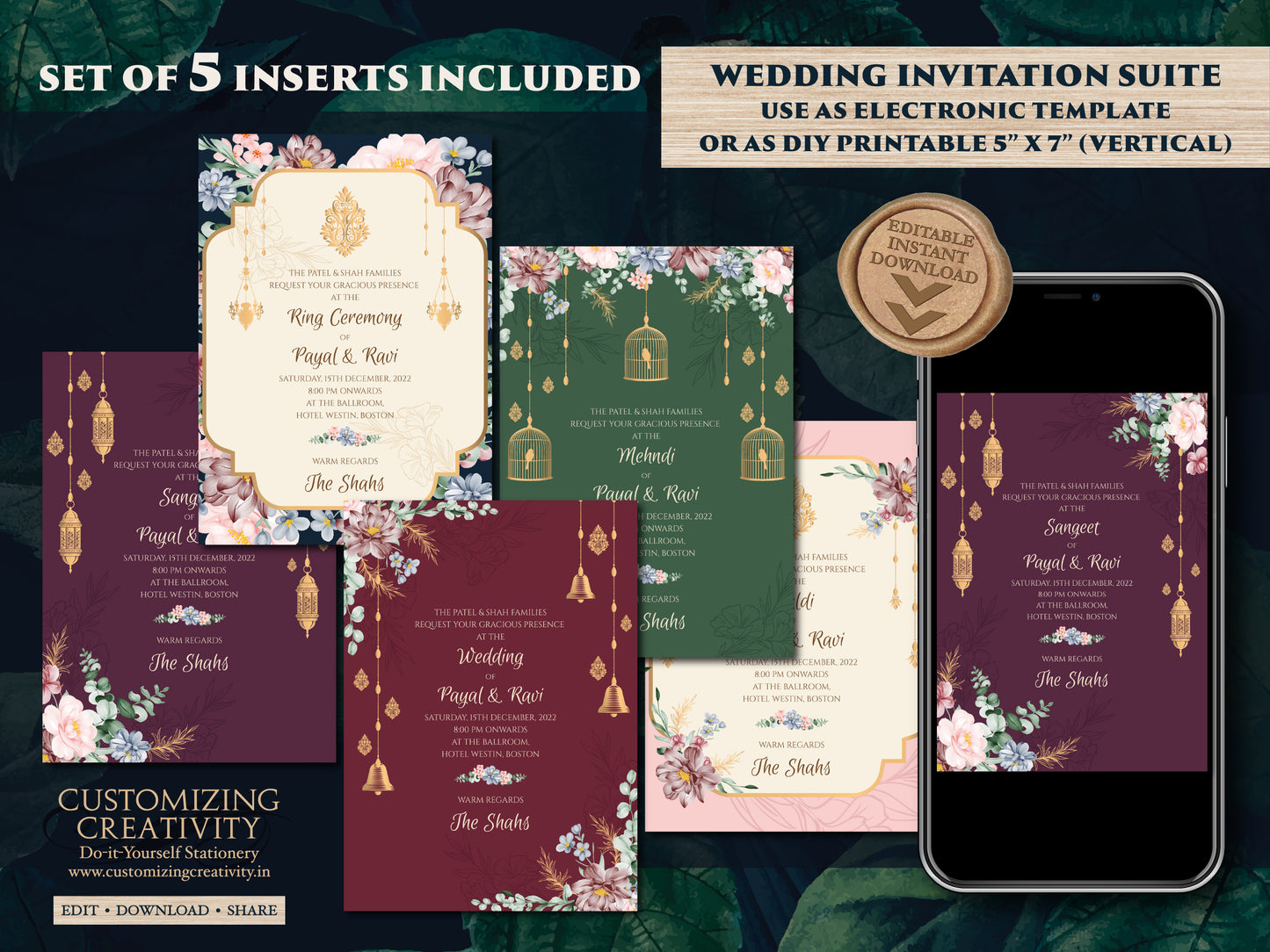 Floral Indian invites & Indian Invitations Digital, Hindu Wedding invitations as Indian Wedding cards Hindu, Indian Wedding invites Digital