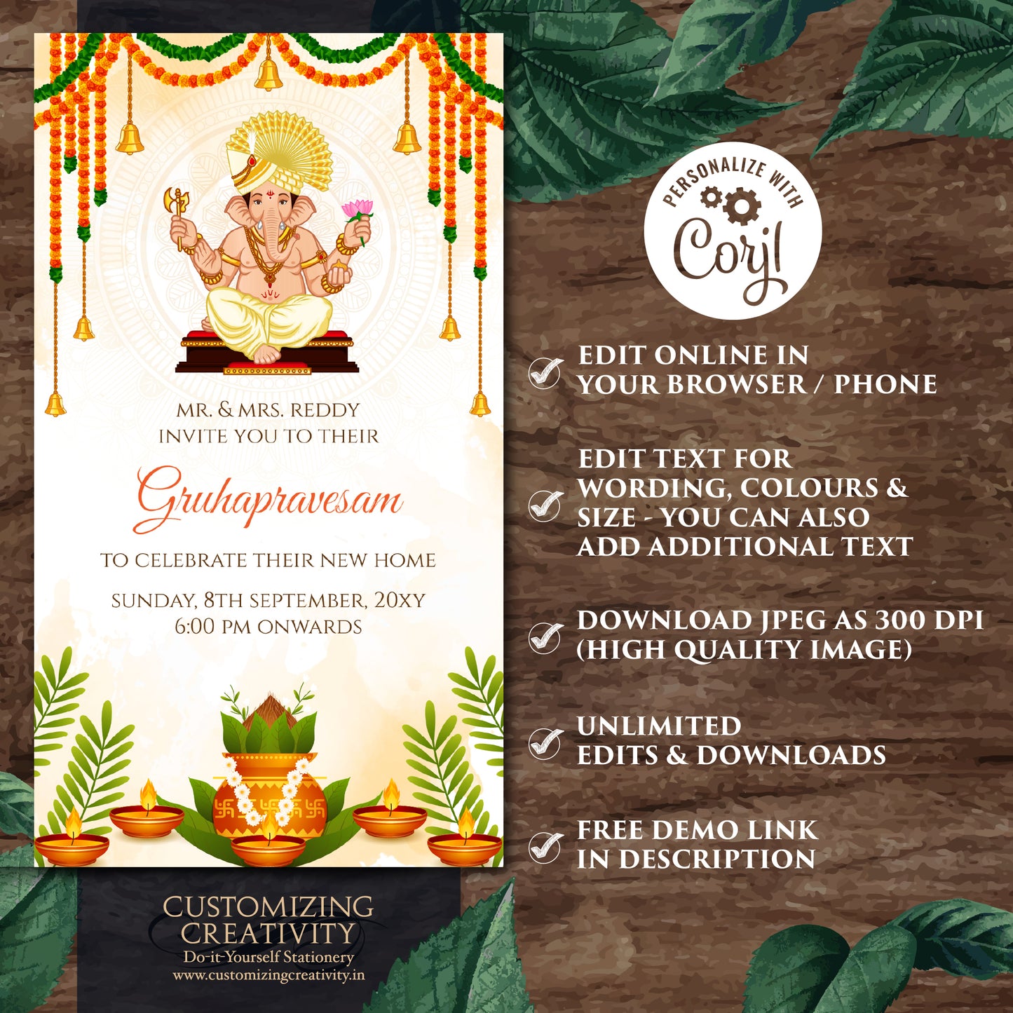 Digital Indian Housewarming invitation Gruhapravesam invite, Grihapravesh invite as Tamil Housewarming invite Telugu, Gruhapravesham invite