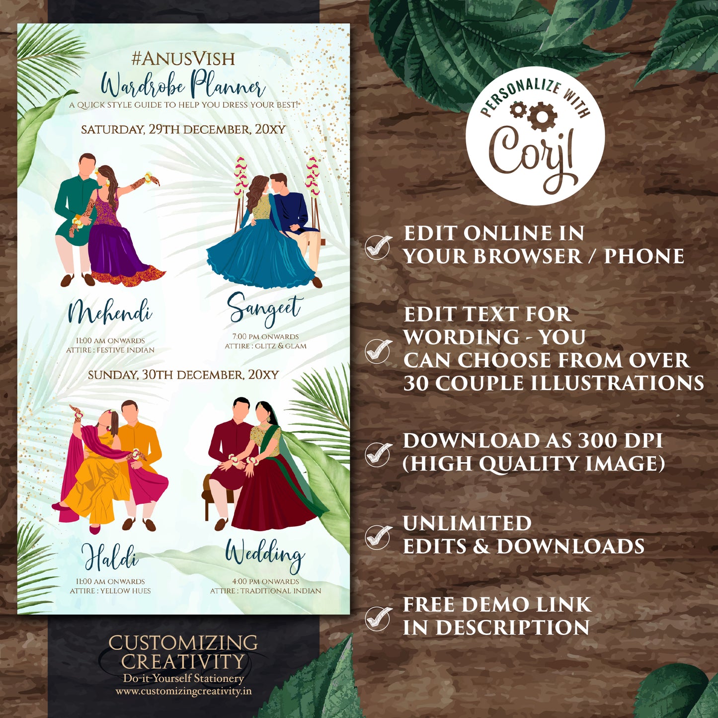 Digital Indian Wedding Wardrobe Planner Hindu Program, Indian Wedding Program & Indian wedding itinerary as Digital Indian wedding Timeline