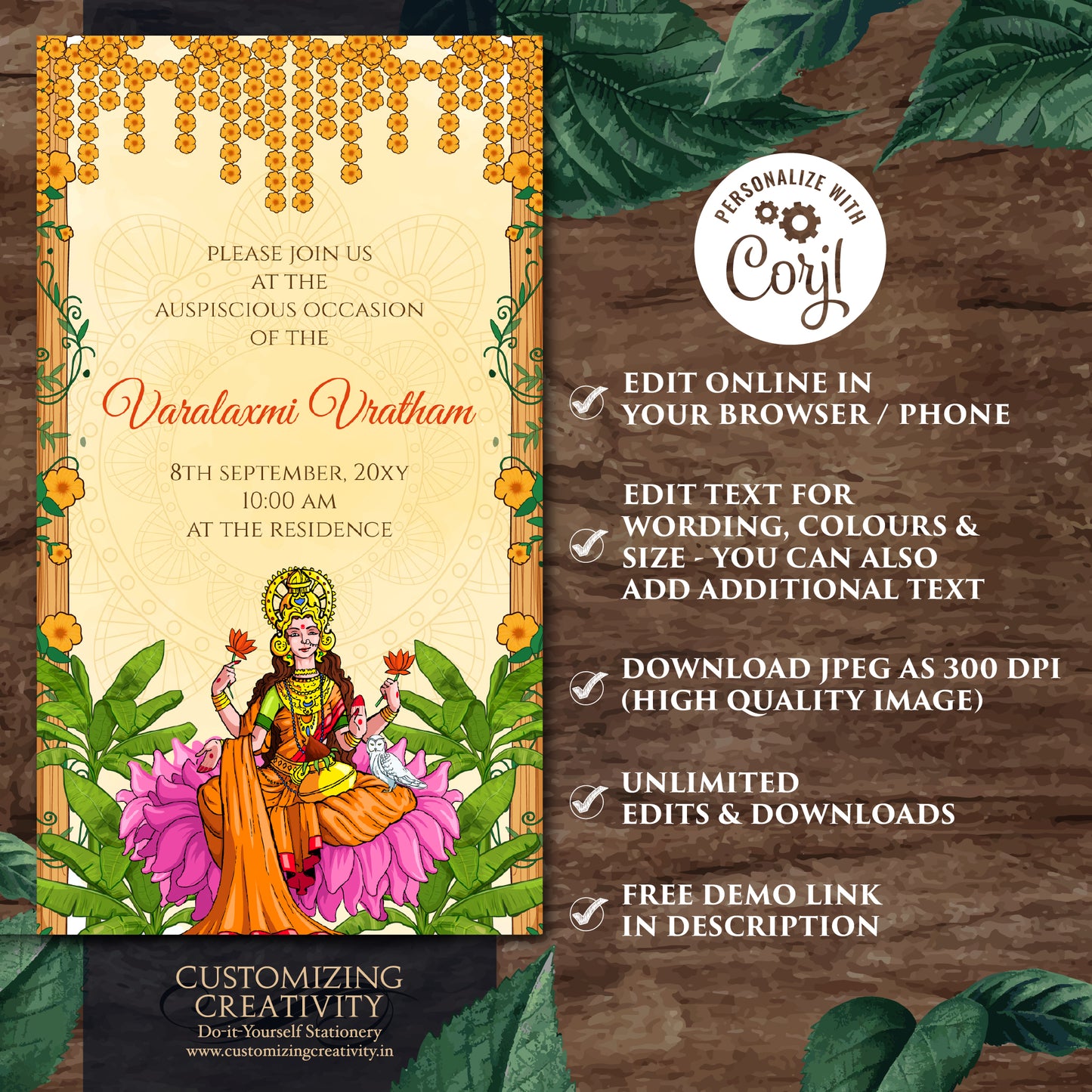 Digital Varalaxmi Pooja Invite Laxmi Puja Invitation, Varamahalakshmi Vratham Invitation as Laxmi Puja invite, Digital & Lakshmi Puja Invite