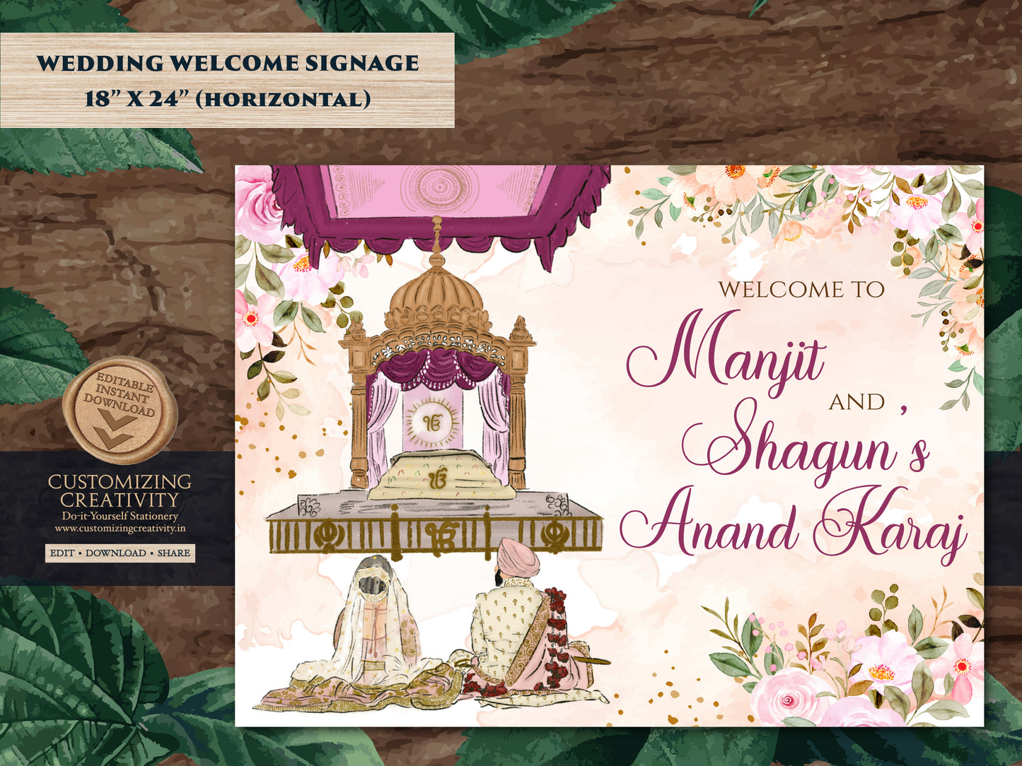 Anand Karaj Welcome Sign & Sikh Wedding Sign, Anand Karaj Signs as Punjabi Wedding Signs, Sikh Wedding Welcome sign as Punjabi Wedding Signs