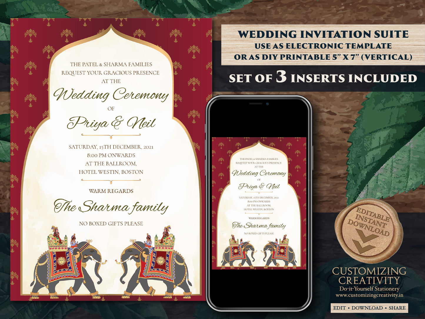 Indian Wedding Invitations as Elephant Invitation Hindu Wedding card, Hindu invitations as Royal Wedding invite, Indian Invitation Elephants