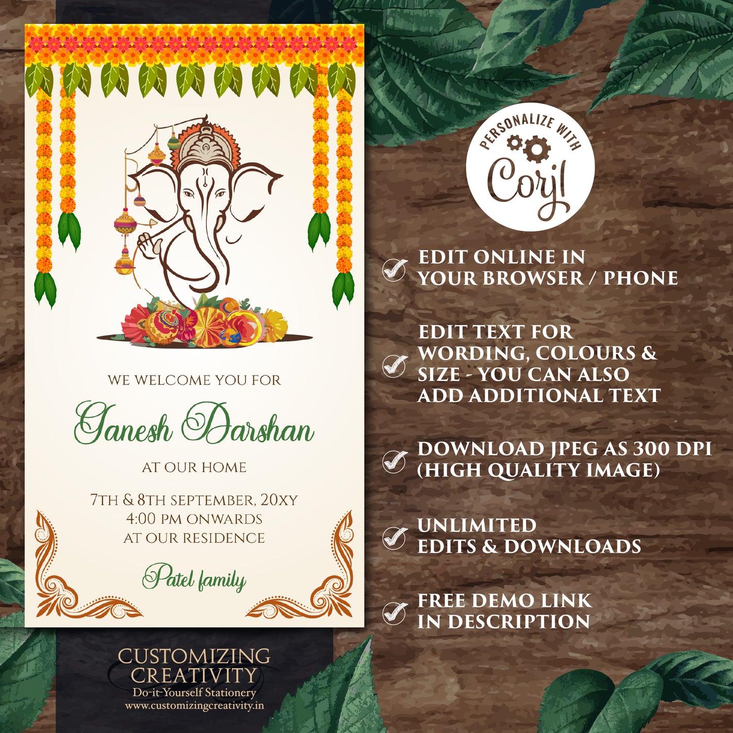 Ganpati invitations Ganesh Darshan card, Ganesh Chaturthi invites as Ganesha invitations, Ganpati darshan invitations & Ganesh puja cards