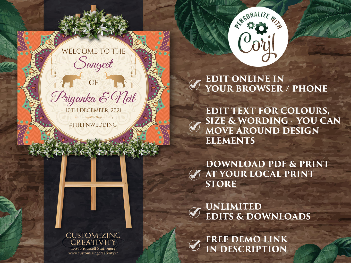 Indian Welcome Signs for Mandala Wedding sign, Elephant Welcome Sign as Wedding Sangeet Sign, Indian Wedding Sign template as Ladies Sangeet