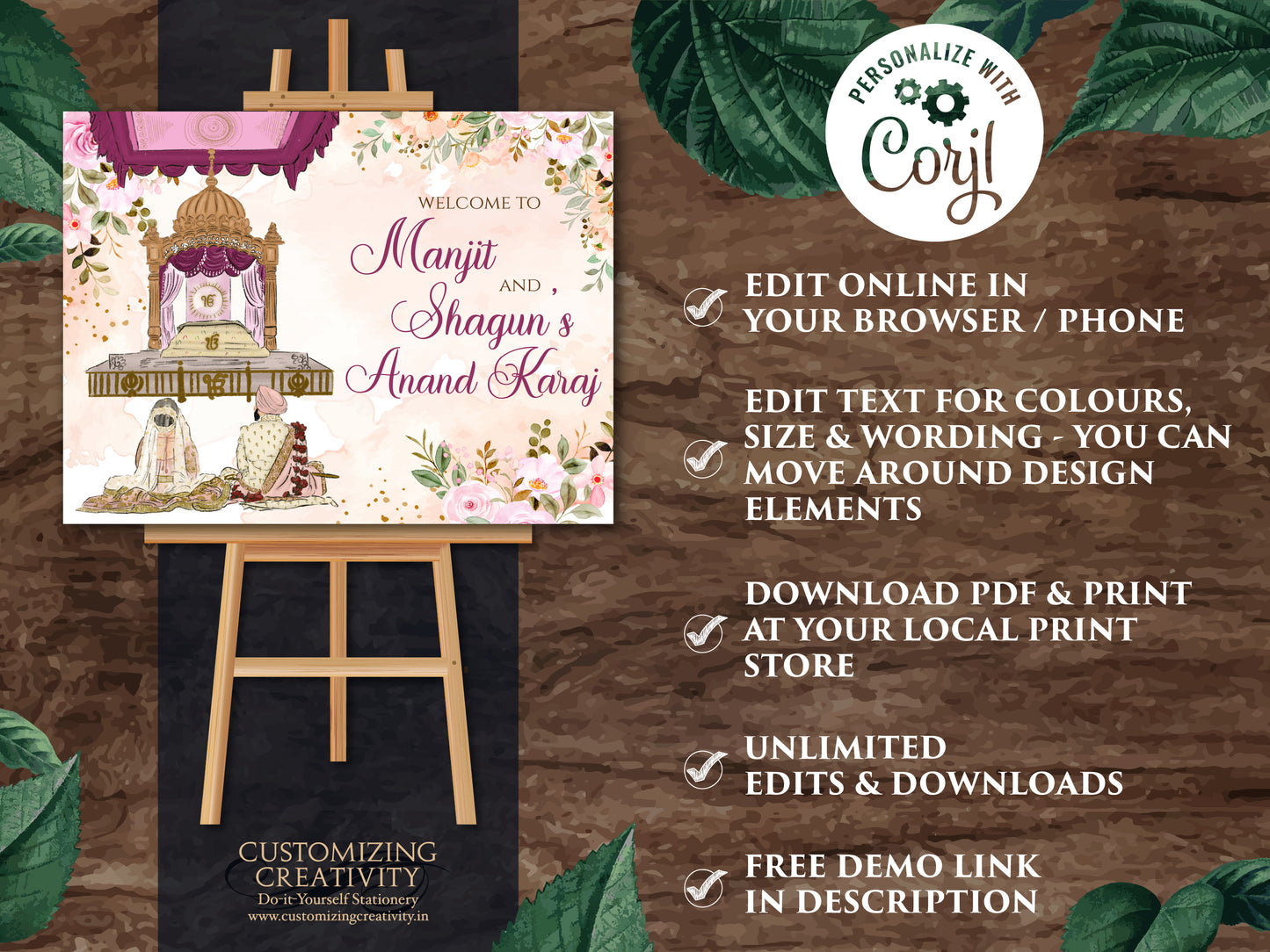 Anand Karaj Welcome Sign & Sikh Wedding Sign, Anand Karaj Signs as Punjabi Wedding Signs, Sikh Wedding Welcome sign as Punjabi Wedding Signs