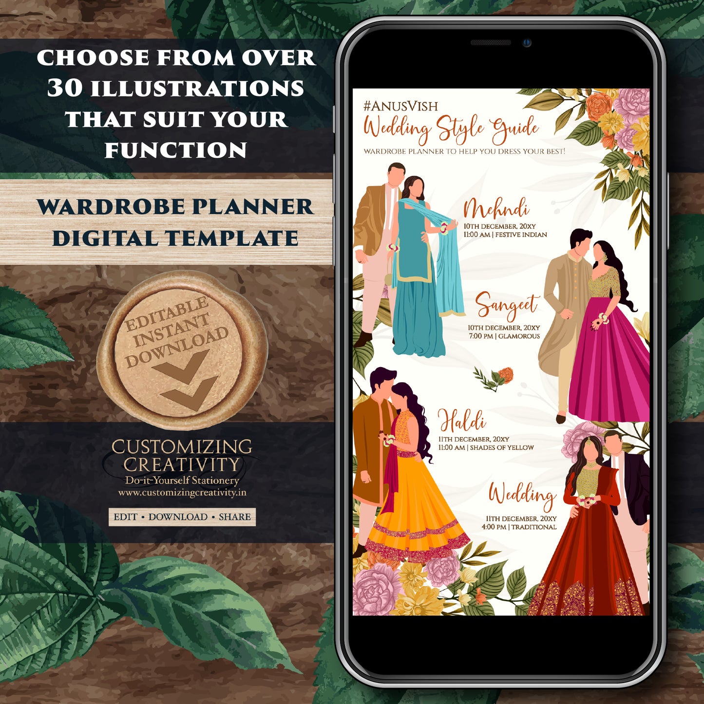 Indian Wardrobe Planner Hindu Wedding Program, Indian Wedding Program & Digital Indian wedding itinerary as Digital Indian wedding Timeline