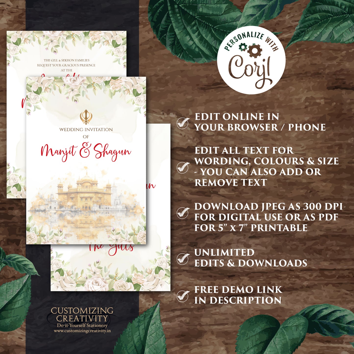 Digital Punjabi wedding invitation Sikh Shaadi card, Punjabi Wedding card & Sikh Wedding invitation, Indian wedding Anand Karaj invitation