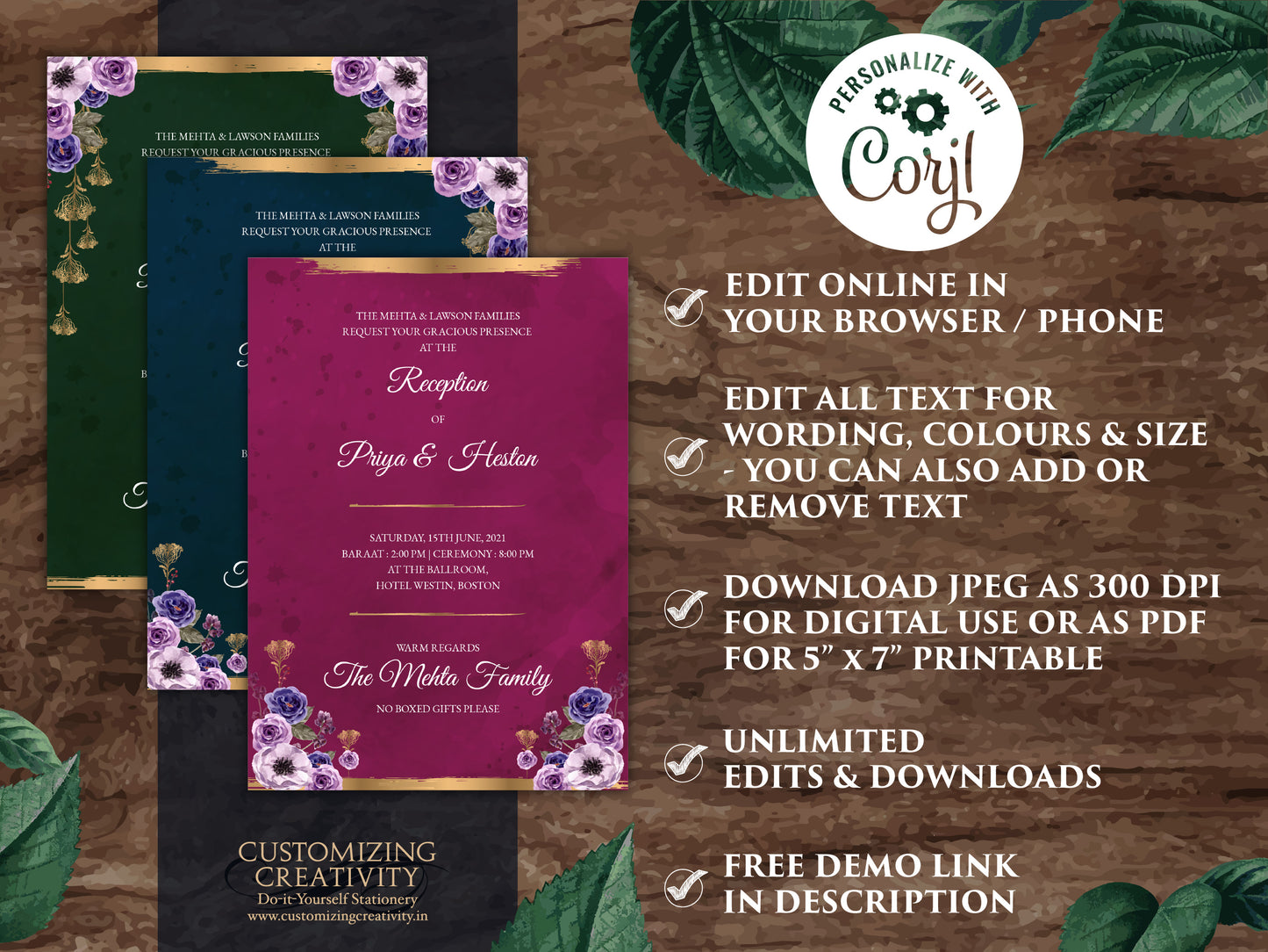 Jewel Tone Wedding Invitation Download for Fall Wedding Invitation, Fall Invitation Suite Navy, Emerald & Pink Wedding Invite Fall Wedding