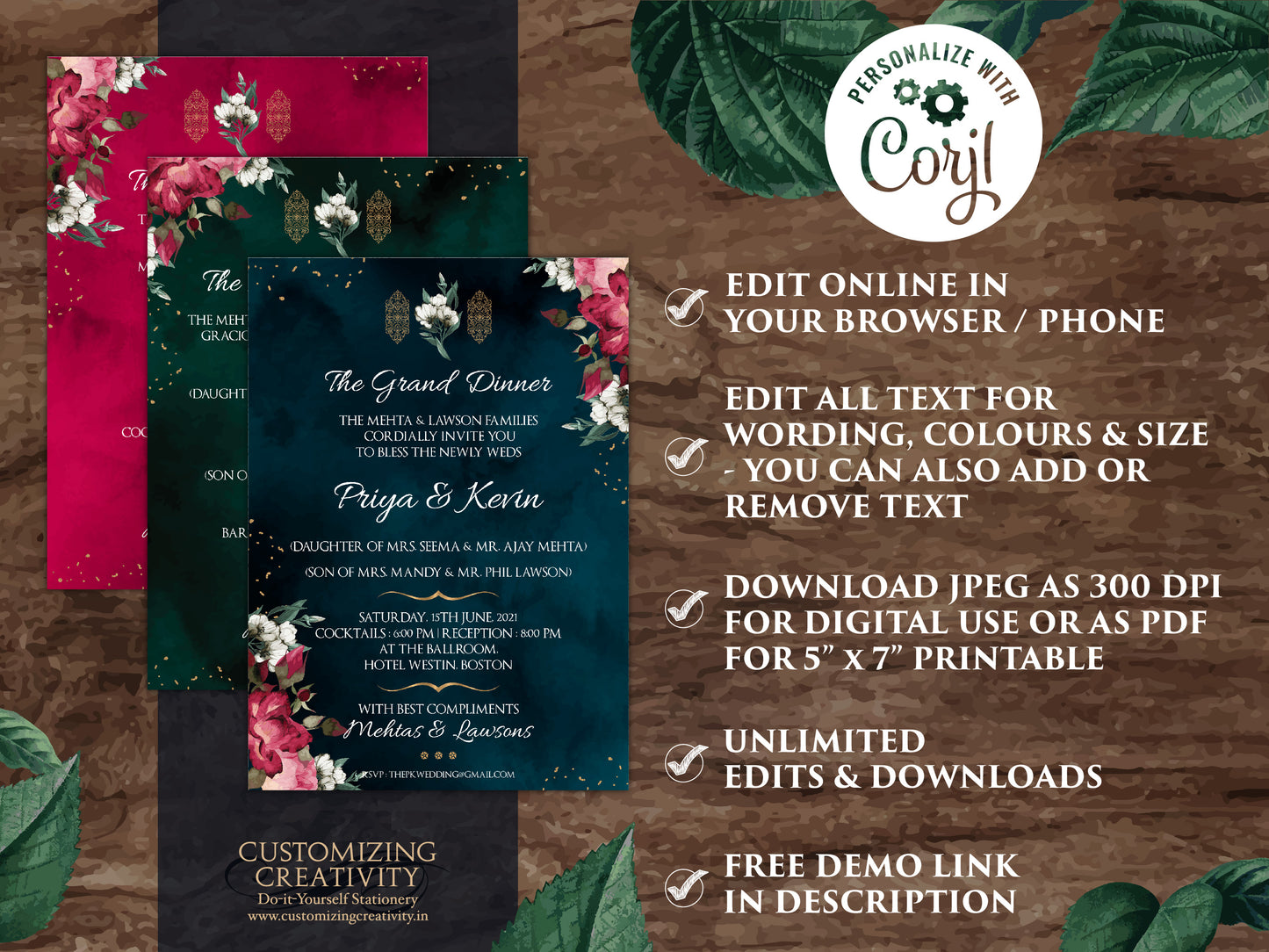 Emerald Green Wedding Invitation Card with Burgundy & Gold Invitation for a Royal Wedding, DIY Wedding templates with Navy Floral Wedding