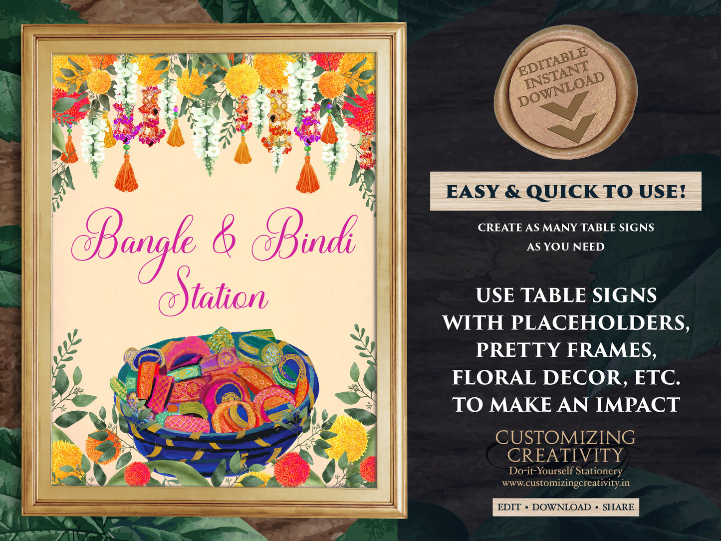 Bangle station signs Bindi Bar signs, Bindi station sign Bangle bar sign Mehndi decoration, Mehndi decor as Haldi decor & Food station sign
