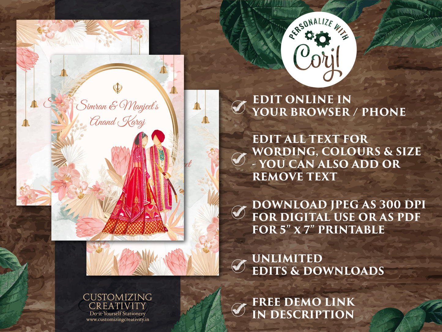 Sikh wedding card as Anand Karaj invitation, Sikh Wedding Invite Indian as Punjabi Wedding invite, Sikh invitations as Punjabi wedding card