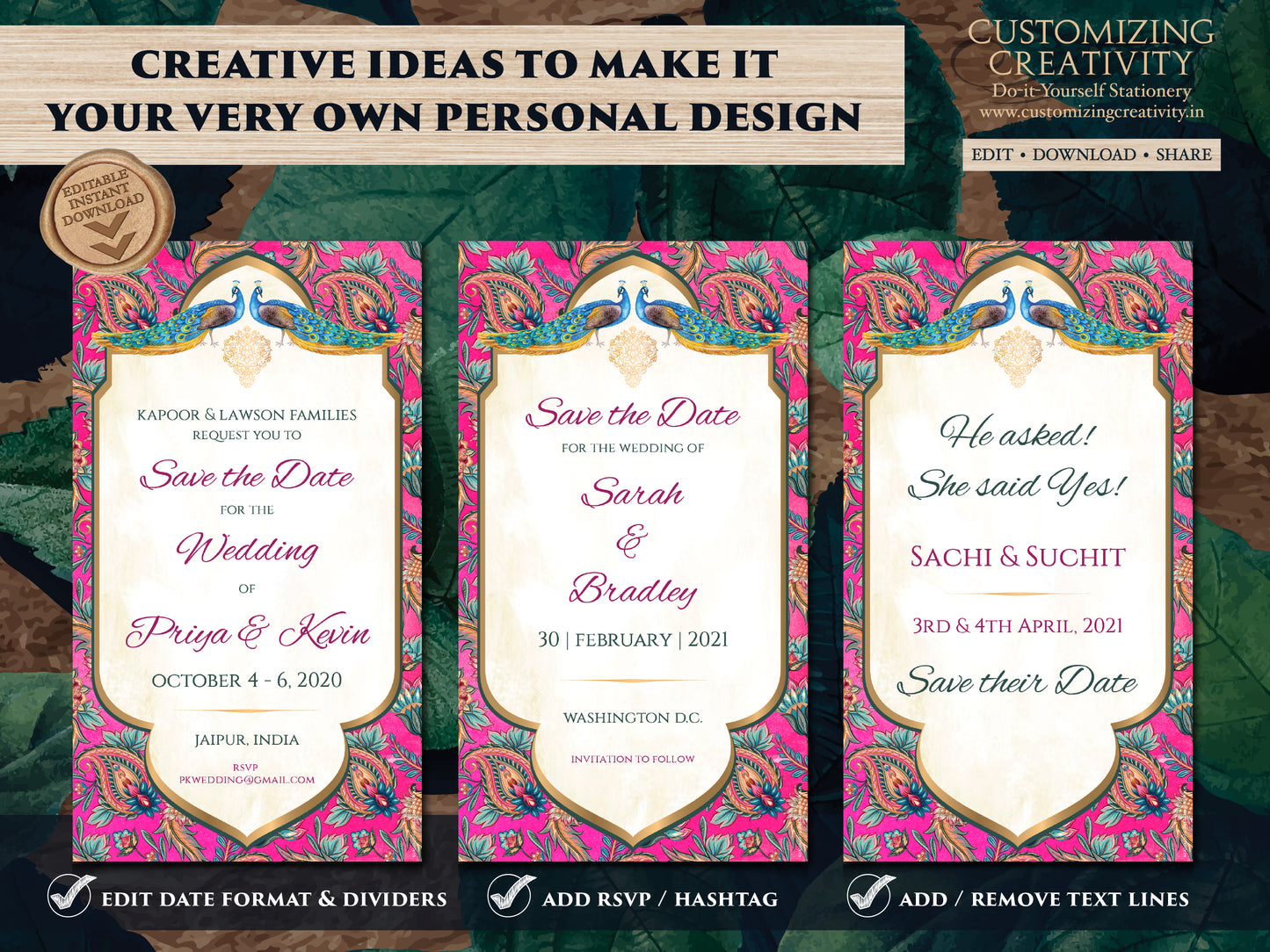 Save the date template digital download for your Boho Indian Theme Wedding Invitation Card with Peacocks, Paisleys & flowers in Fuchsia pink