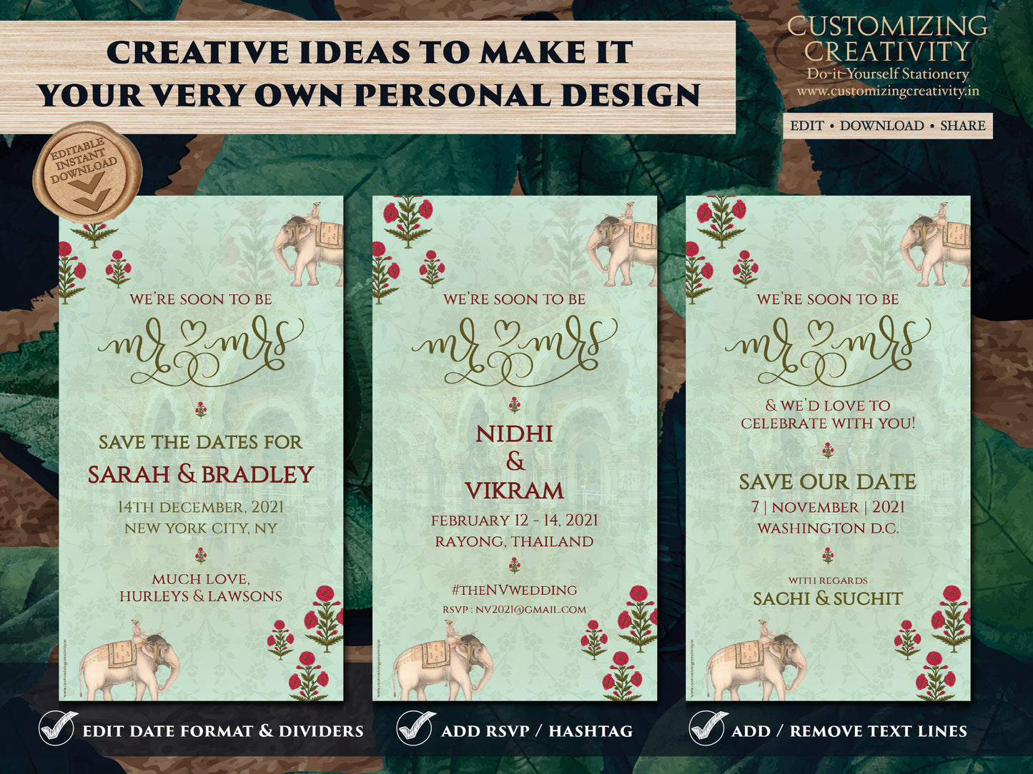 Elephant Save the date as Indian Save the Date Mint green, Pastel Save the date Royal Elephant & Indian Digital Save the Date Indian Wedding