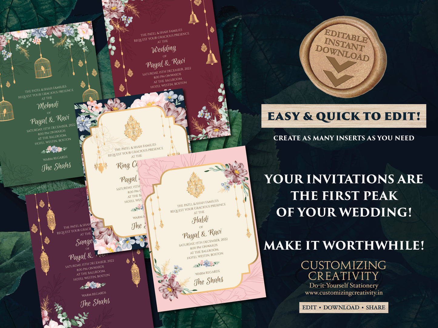 Floral Indian invites & Indian Invitations Digital, Hindu Wedding invitations as Indian Wedding cards Hindu, Indian Wedding invites Digital